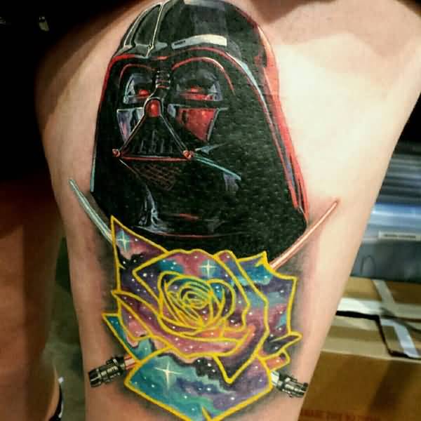 Watercolor Rose Darth Vader Tattoo On Thigh