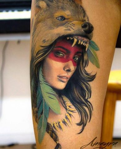 Wolf Girl Tattoo On Leg Sleeve by Amayra