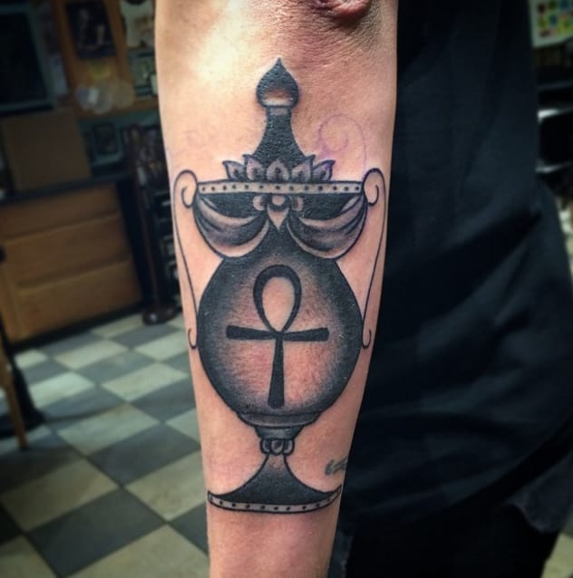 Ankh In Lamp Tattoo On Sleeve by James Travis