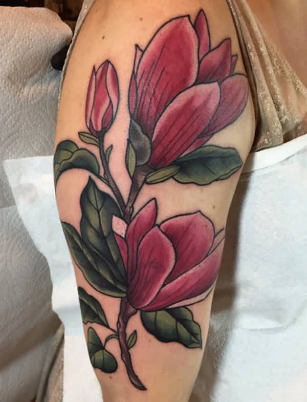 Beautiful Magnolia Tattoo On Half Sleeve