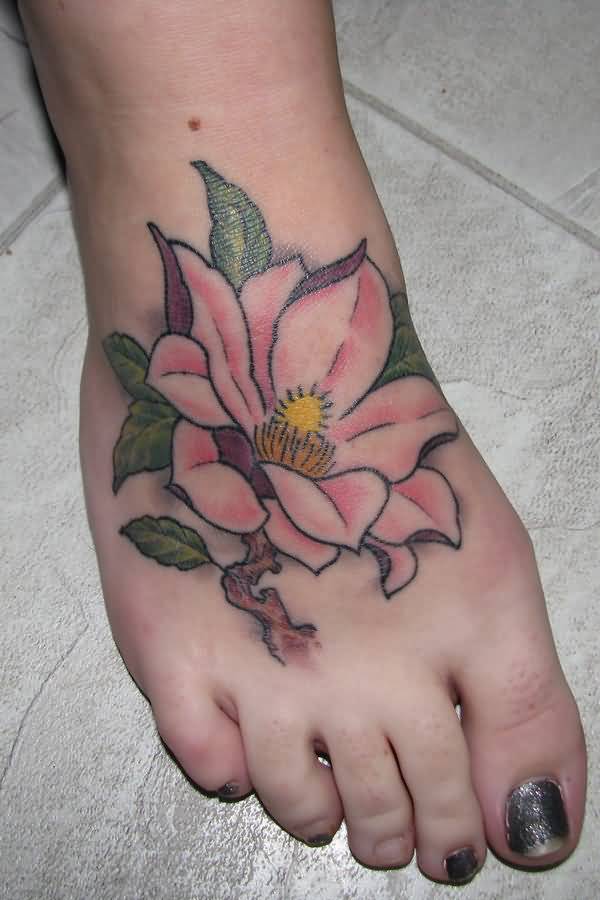 Beautiful Magnolia Tattoo On Right Foot