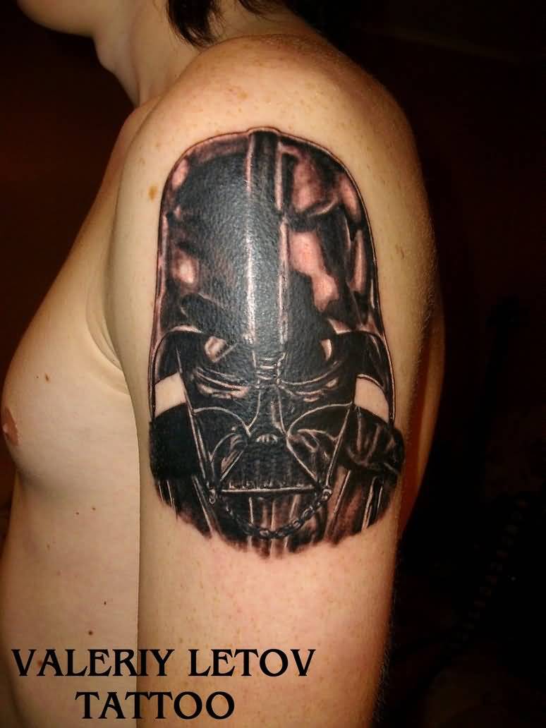 Black And Grey Darth Vader Helmet Tattoo On Shoulder by Valeriy Letov