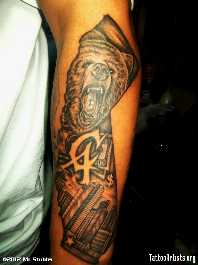 Black And Grey Ink California Tattoo On Left Sleeve