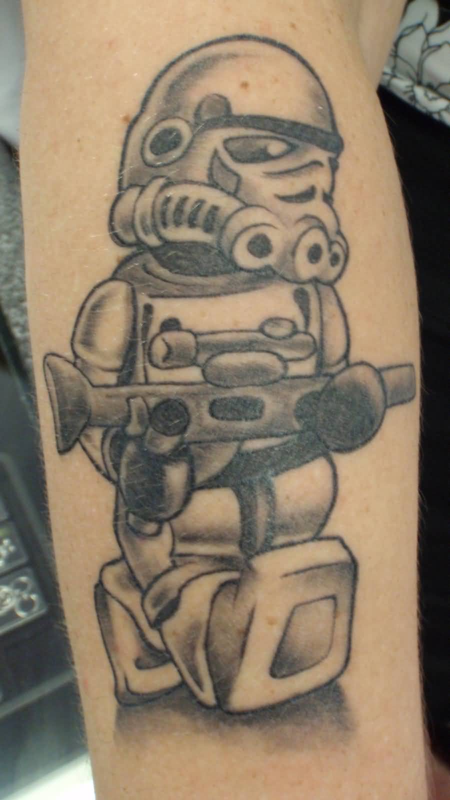 Black And Grey Ink Lego Stormtrooper Tattoo by Jamesrm