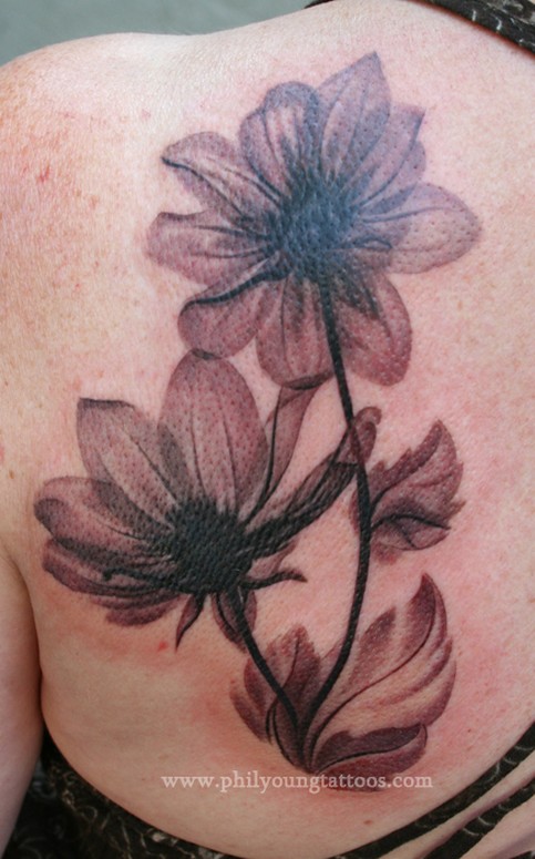 Black And Grey Magnolia Tattoo On Left Back Shoulder