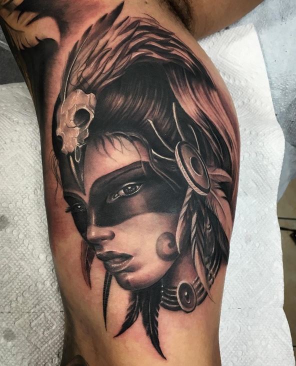 Black And Grey Native American Girl Tattoo On Leg by Rods Jimenez