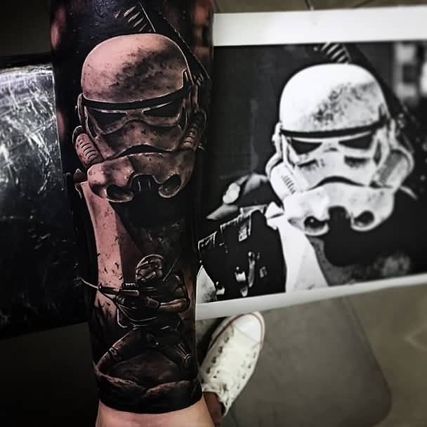 Black And Grey Stormtrooper Tattoo On Forearm