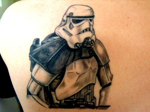 Black And Grey Stormtrooper Tattoo On Left Back Shoulder