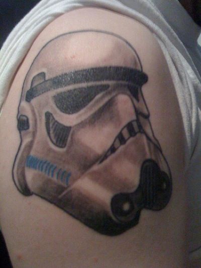Black And Grey Stormtrooper Tattoo On Right Shoulder