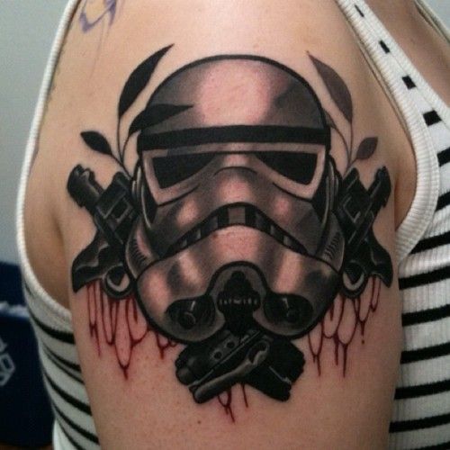 Black And Grey Stormtrooper Tattoo On Shoulder