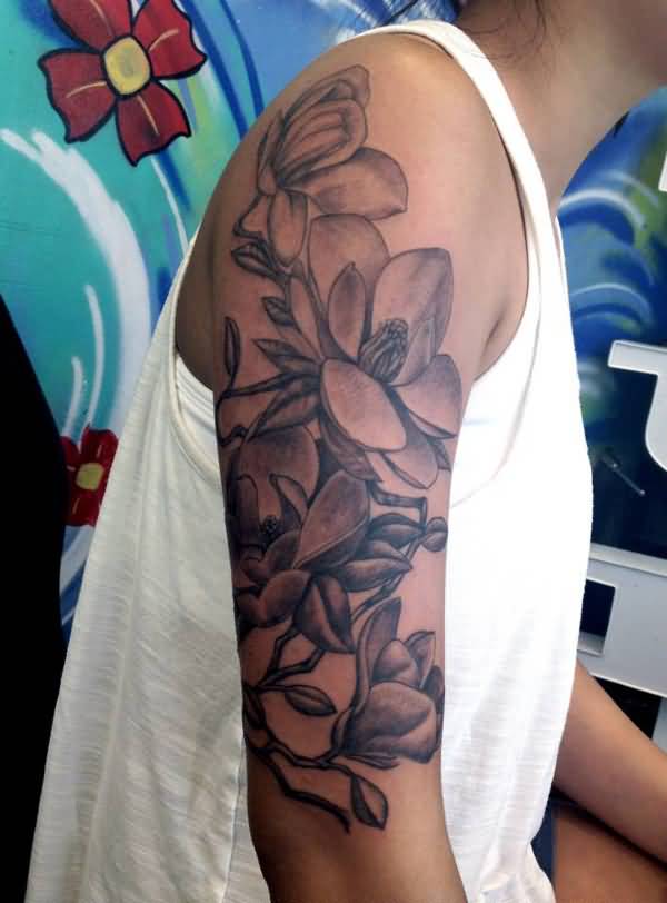 Black And White Magnolia Flowers Tattoos On Right Half Sleeve