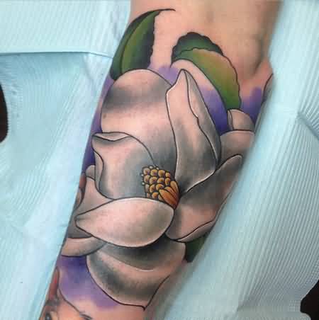Black And White Magnolia Tattoo On Arm Sleeve