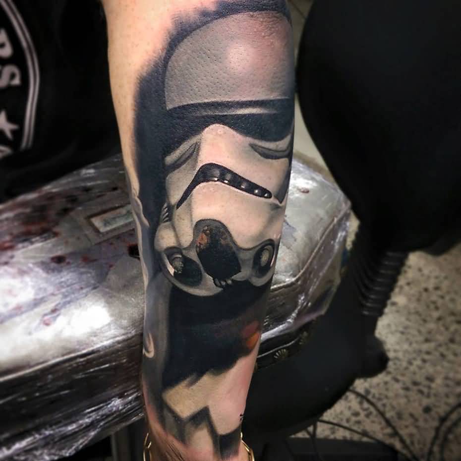 Black And White Stormtrooper Tattoo On Arm Sleeve