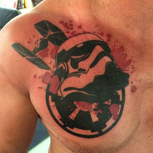 Black And White Stormtrooper Tattoo On Man Chest