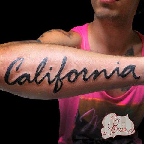 Black Ink California Tattoo On Right Forearm