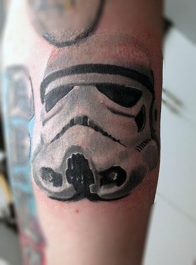 Black and Grey Stormtrooper Helmet Tattoo On Leg Calf
