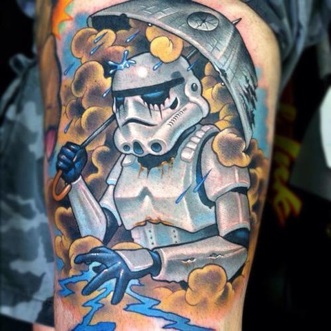 Blue Stormtrooper Helmet Tattoo On Bicep