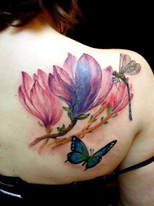 Butterfly And Magnolia Tattoo On Right Back Shoulder