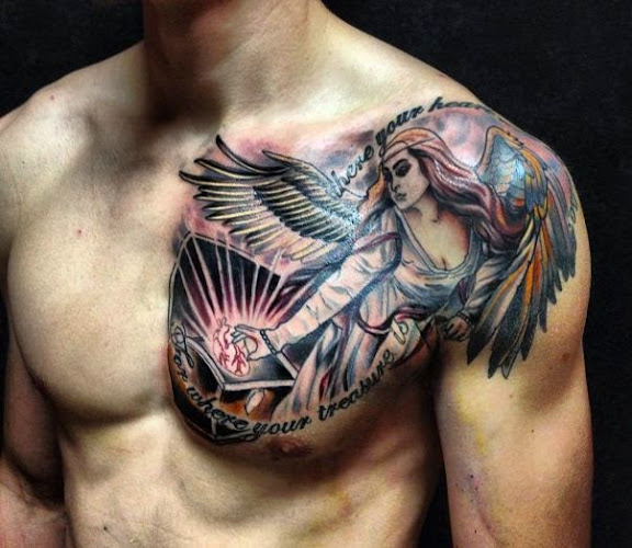 Chest tattoo for lovers with birds on shoulder and heart having a flame