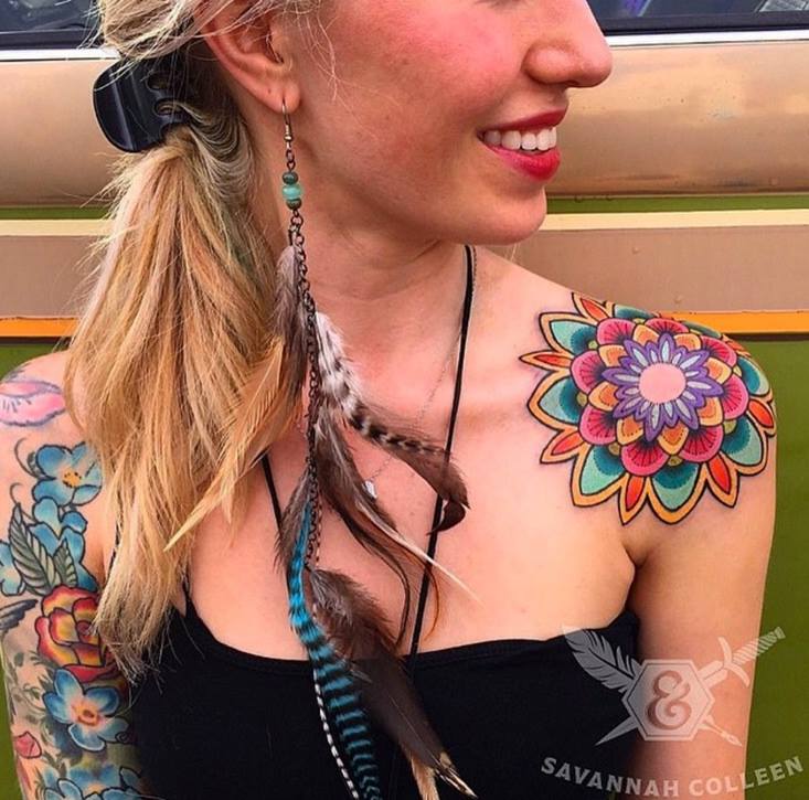 Colored Mandala Flower Tattoo On Left Shoulder by Savannah Colleen Mckinney