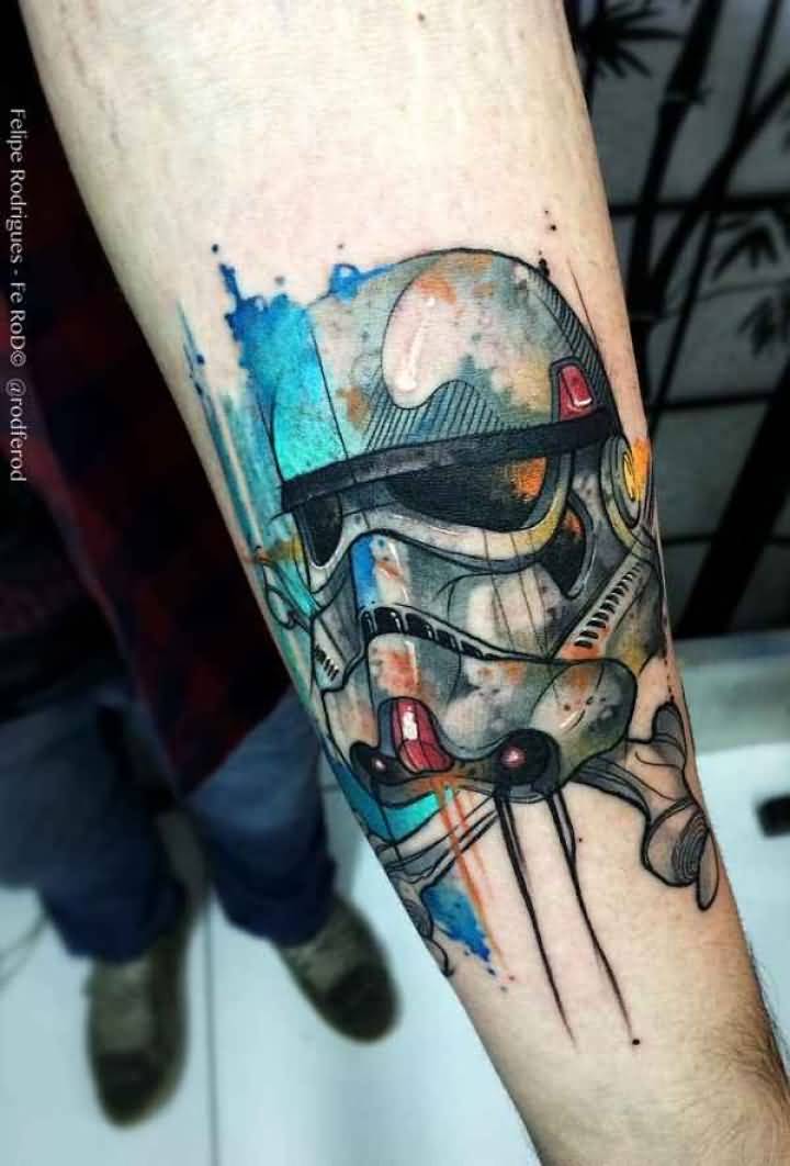 Colorful Stormtrooper Helmet Tattoo On Left Forearm