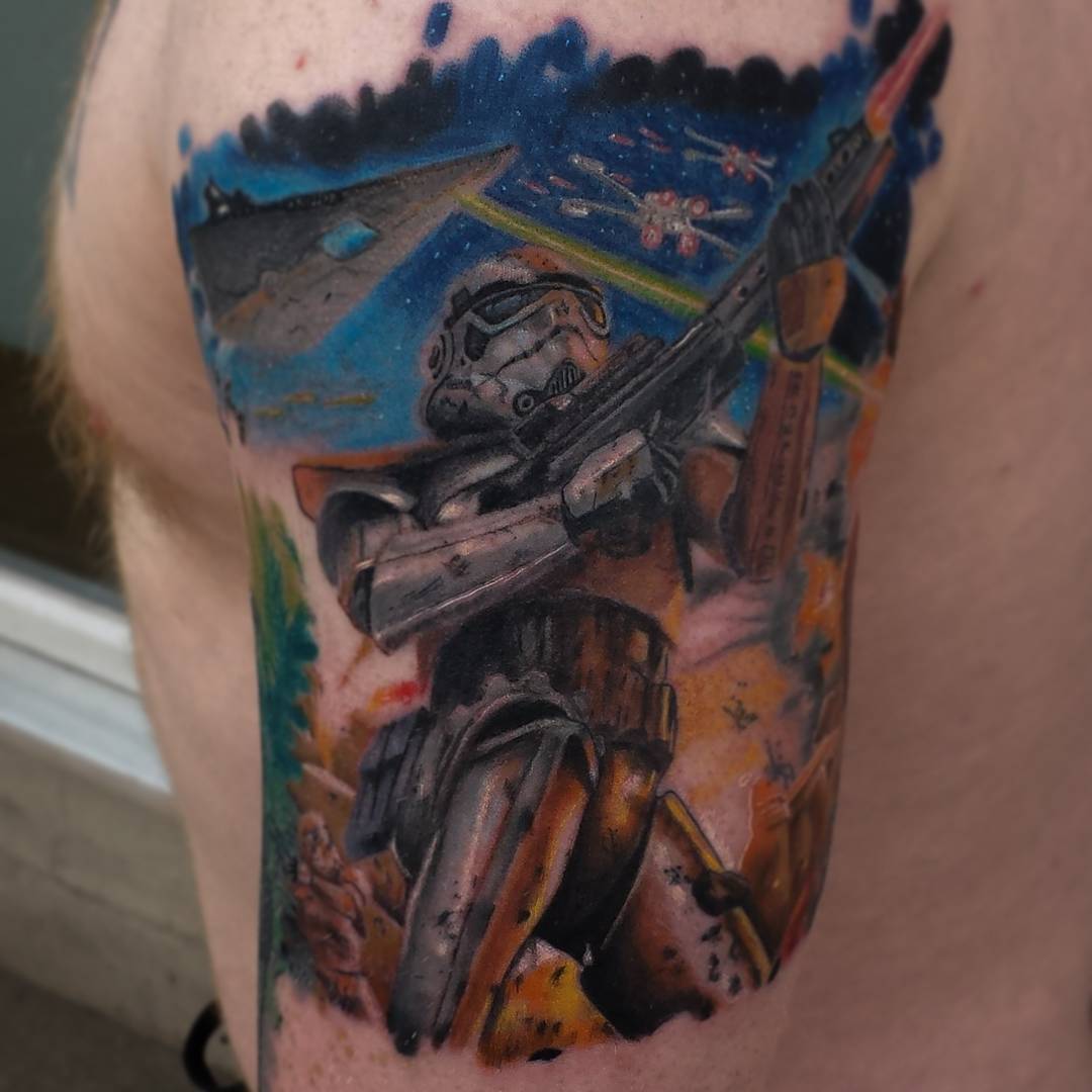 Colorful Stormtrooper Tattoo On Left Half Sleeve