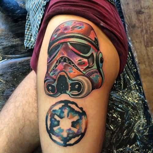 Colorful Stormtrooper Tattoo On Side Thigh