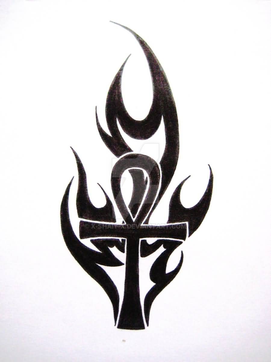 Flaming Tribal Ankh Tattoo Design by X Shaiy
