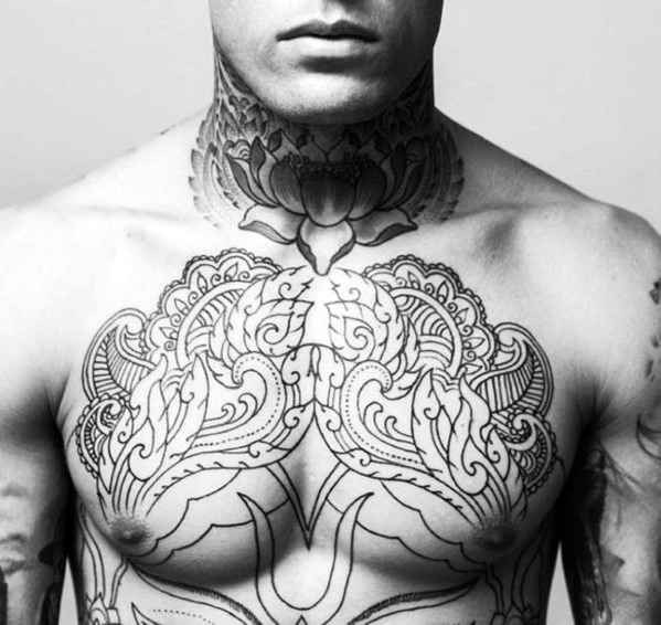 Floral Men's Chest Tattoo Idea