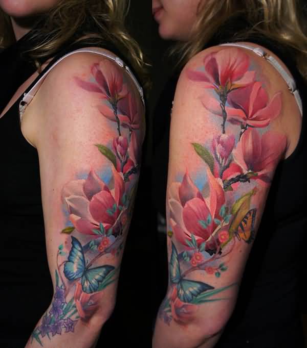 Girl Left Half Sleeve Magnolia Tattoo