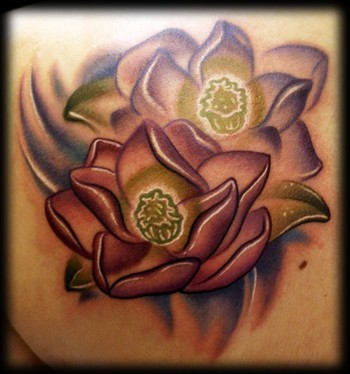 Glowing Magnolia Tattoo Design For Back Shoulder by Kelly Doty