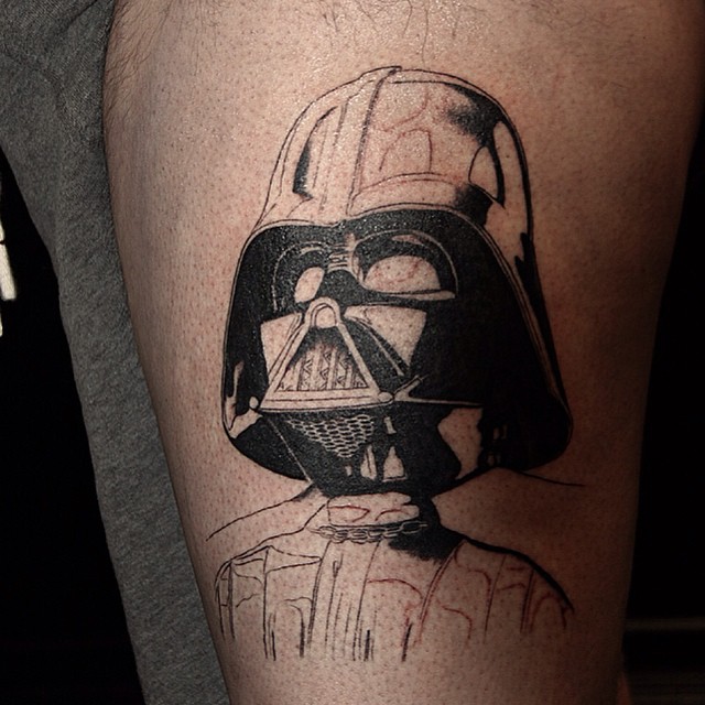 Grey And Black Darth Vader Helmet Tattoo