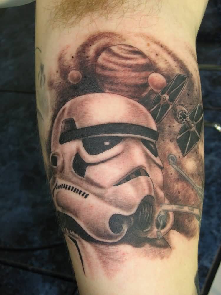 Grey And White Stormtrooper Helmet Tattoo On Bicep