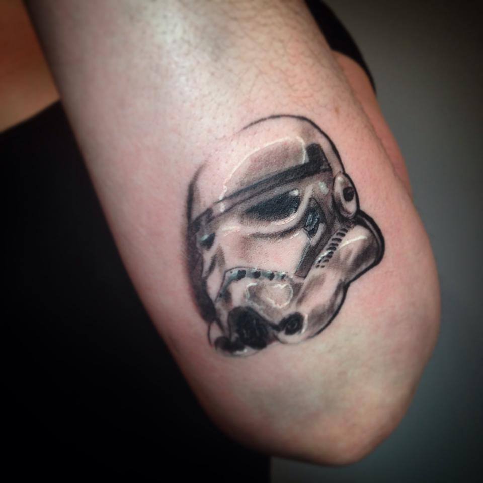 Grey And White Stormtrooper Tattoo On Left Arm