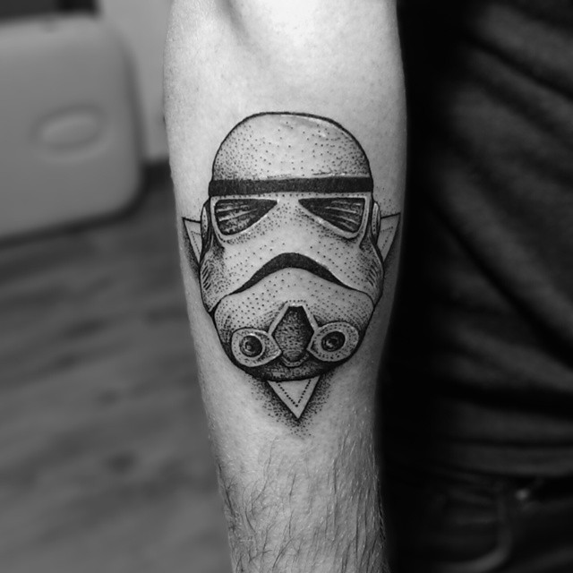 Grey Ink Dotwork Stormtrooper Helmet Tattoo On Arm Sleeve