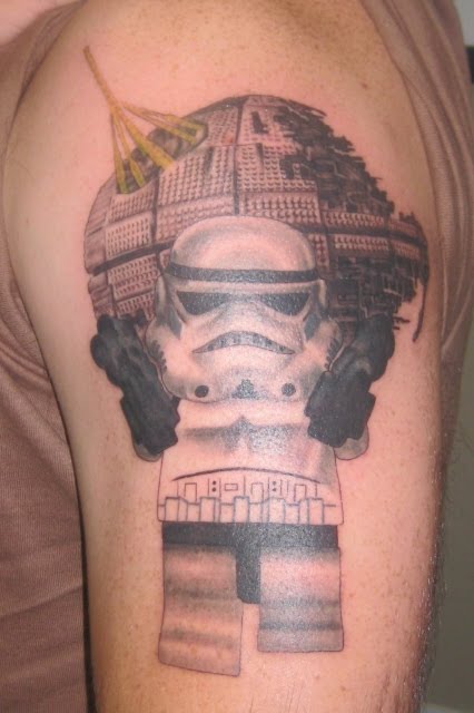Grey Ink Lego Stormtrooper Tattoo On Left Half Sleeve