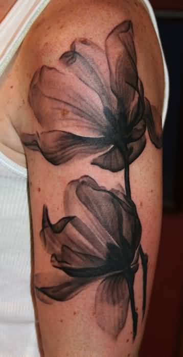 Grey Ink Magnolia Tattoo On Half Sleeve For Men