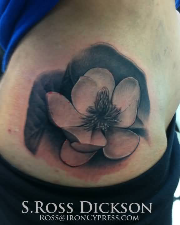 Grey Ink Magnolia Tattoo On Side Rib
