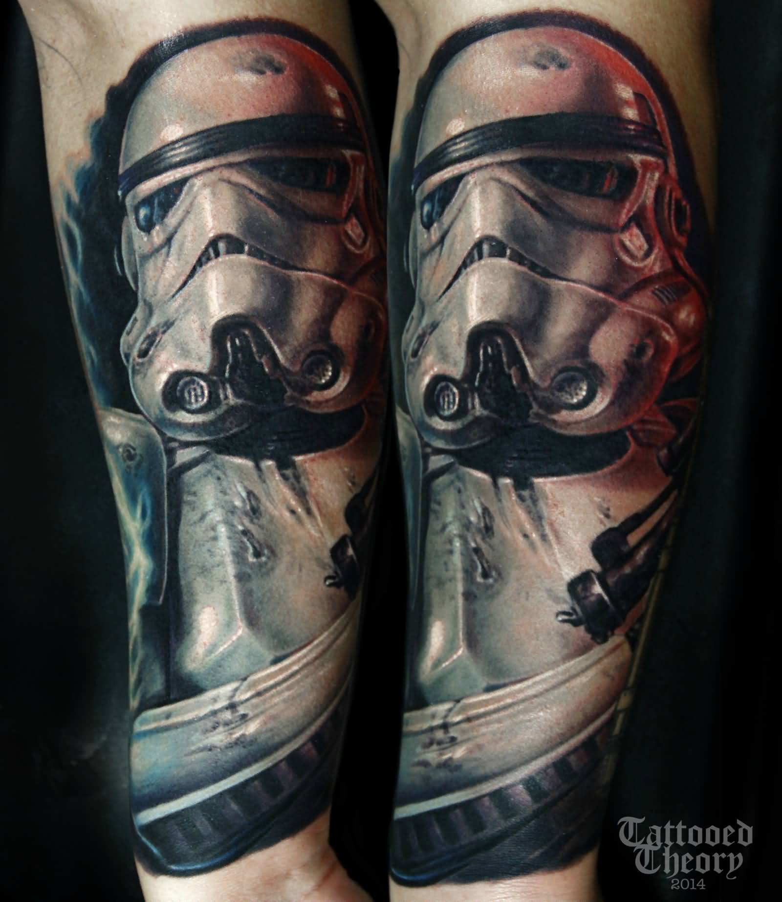 Grey Ink Stormtrooper Tattoo On Forearm