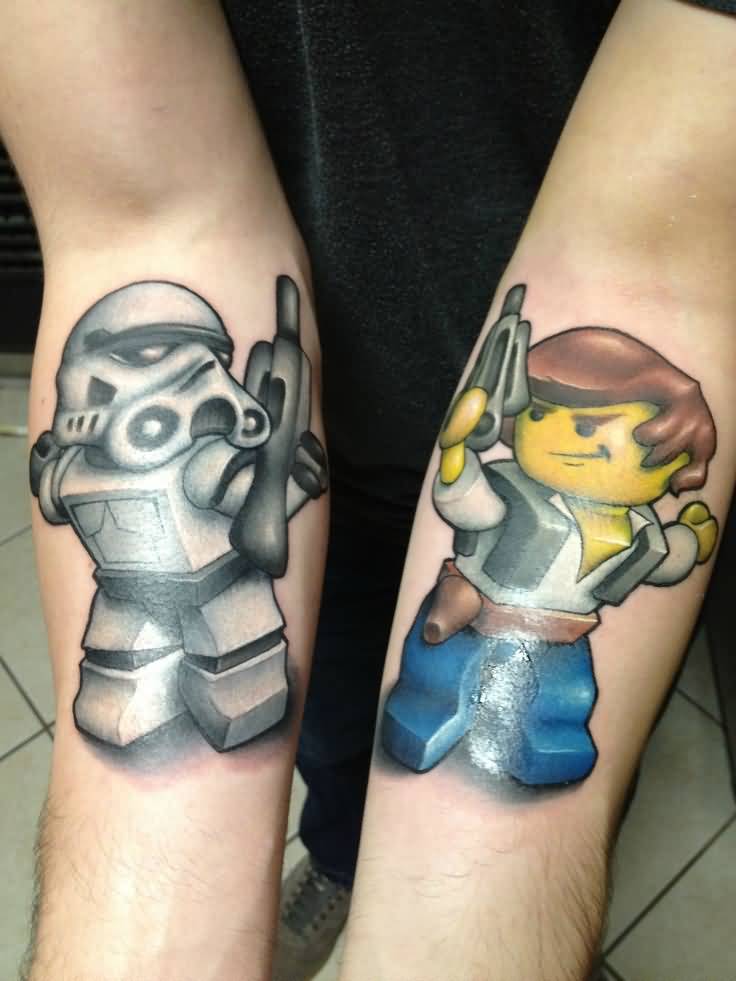 Grey Lego Stormtrooper Tattoos On Forearm