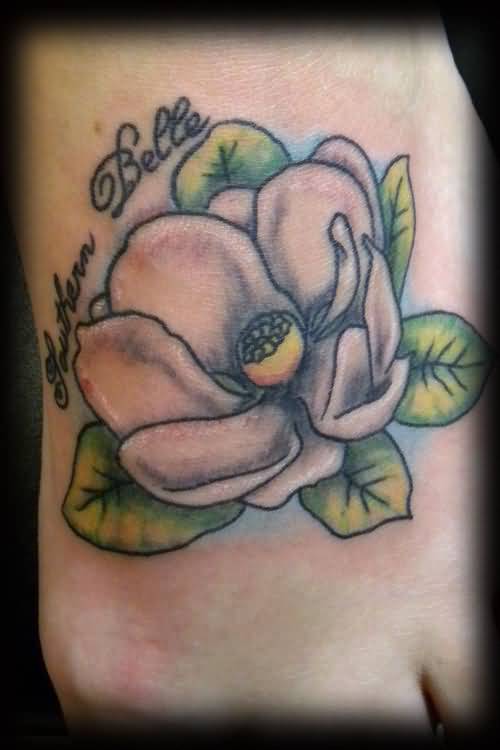 Grey Magnolia Tattoo On Left Foot