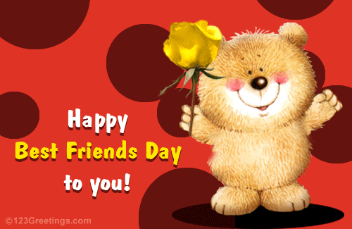 Happy Best Friends Day To You Teddy Bear Waving Hands With Rose Flower Animated Picture