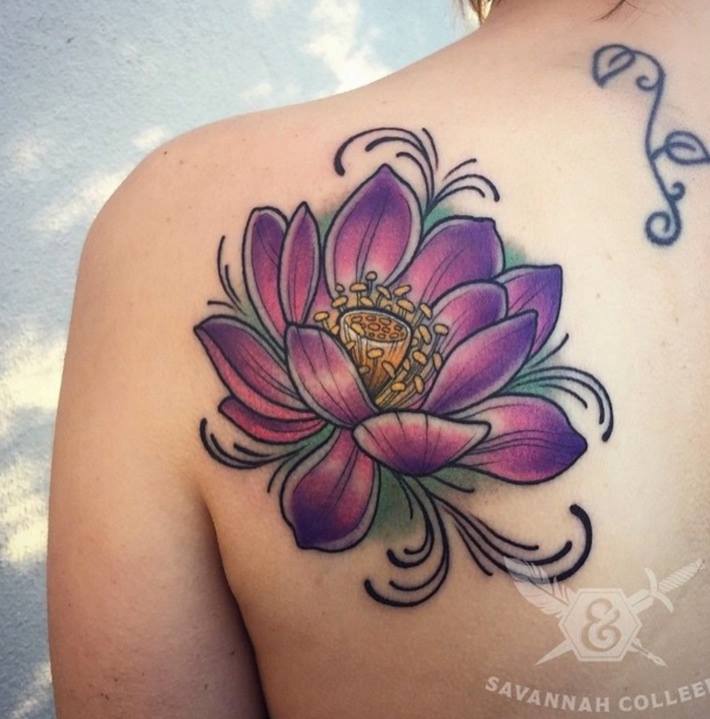 Left Back Shoulder Lotus Flower Tattoo by Savannah Colleen Mckinney