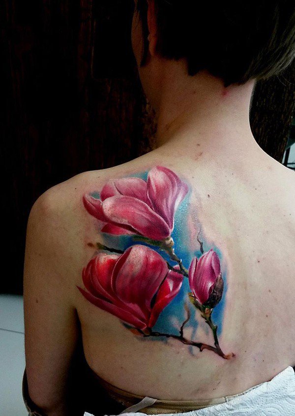 Left Back Shoulder Magnolia Tattoo For Girls