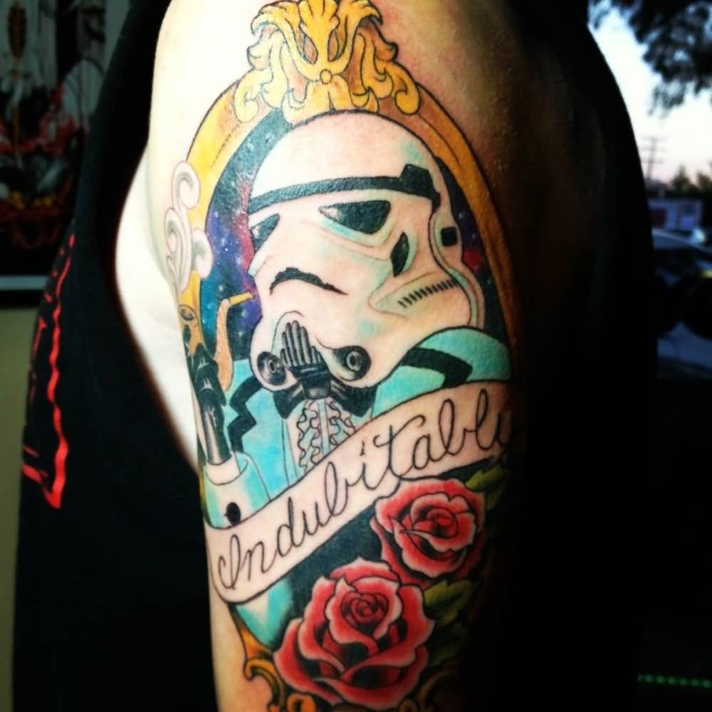 Left Half Sleeve Rose Flowers And Stormtrooper Tattoo