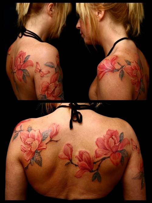 Magnolia Flower Tattoos On Girl Upper Back
