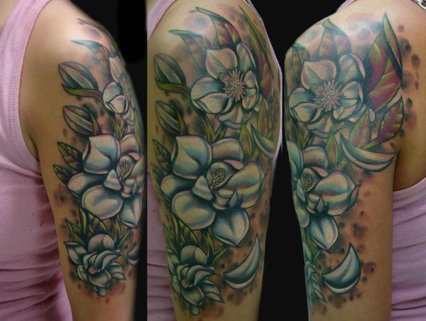 Magnolia Flowers Tattoos On Half Sleeve