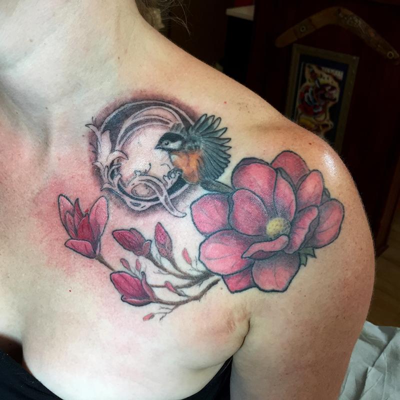 Magnolia Tattoo On Front Shoulder