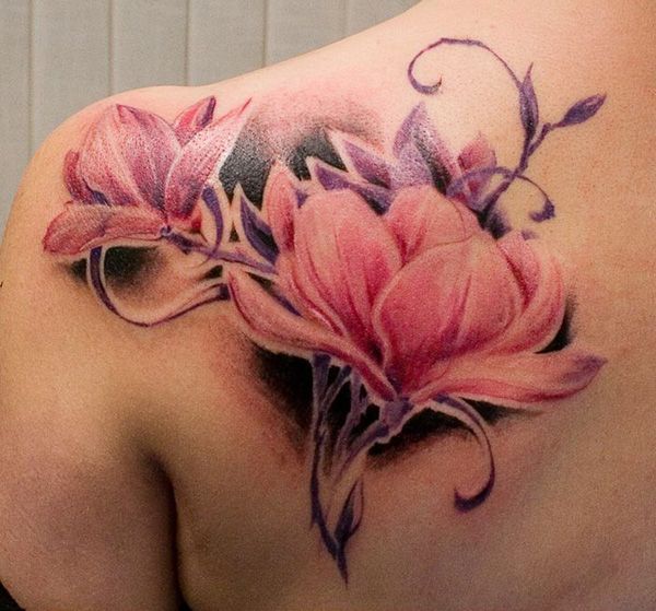 Magnolia Tattoo On Left Back Shoulder