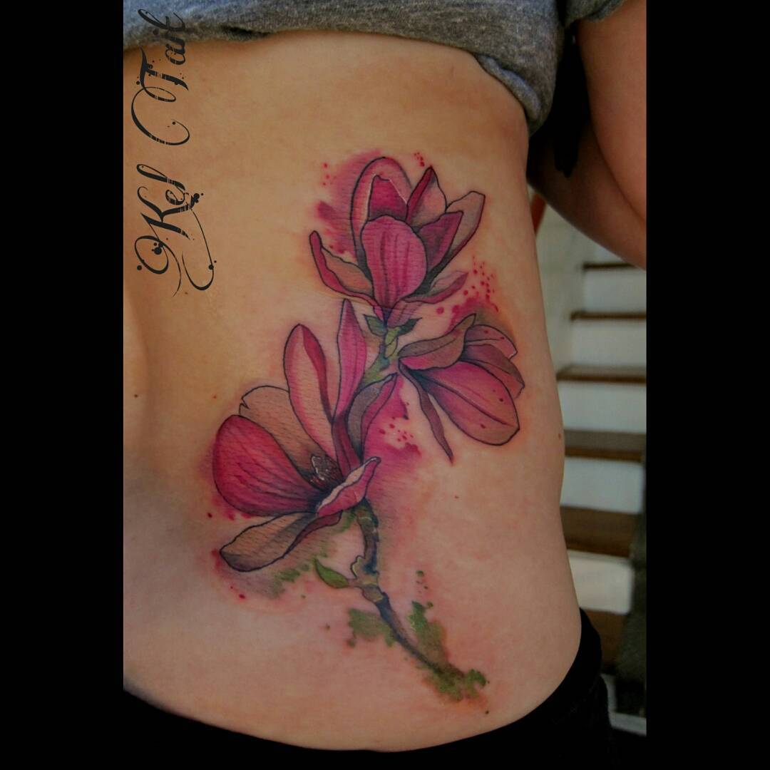 Magnolia Tattoo On Side Rib by Kel Tait